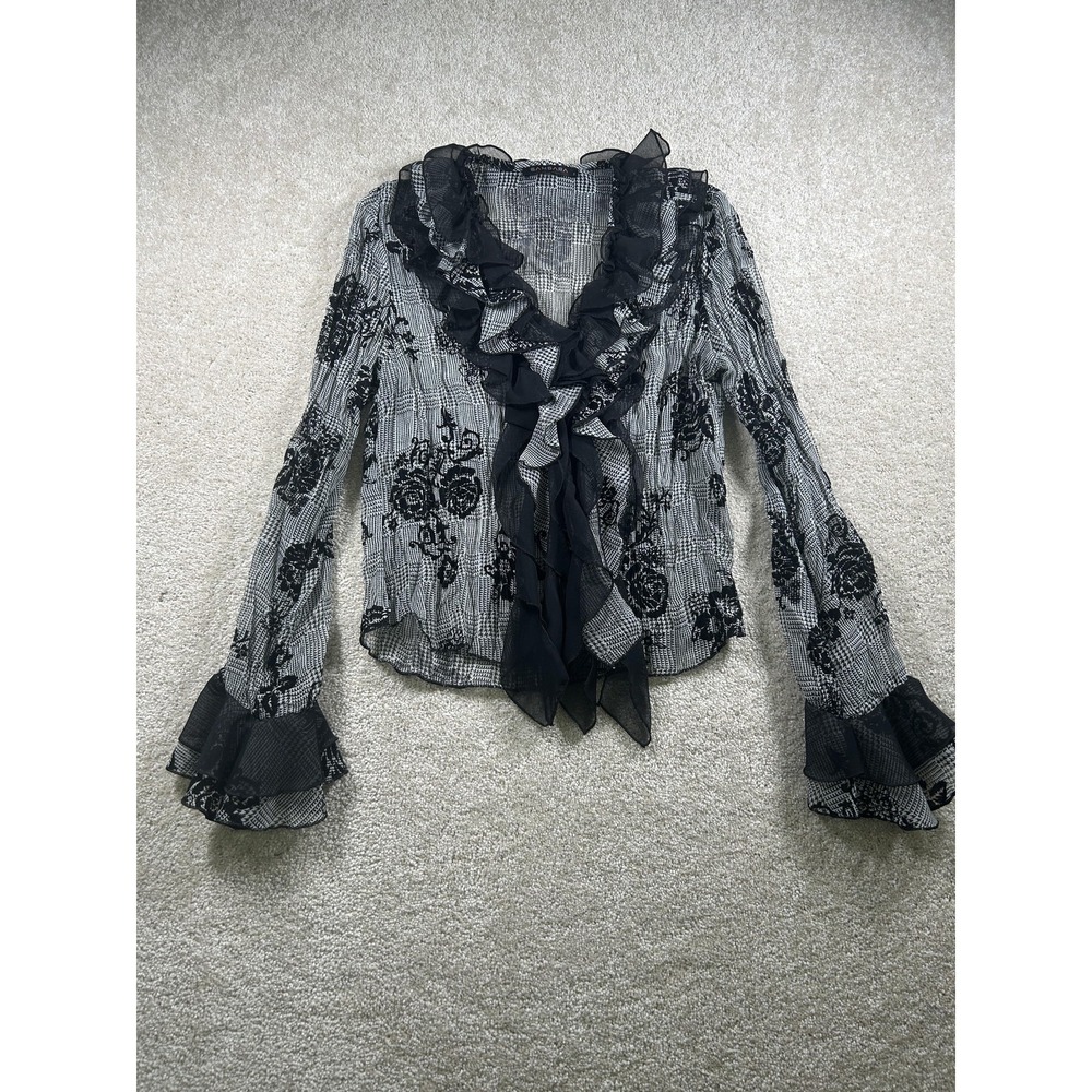 Samsara Blouse Womens 2 Ruffle Sheer Floral‎ Bell Sleeve Boho WhimsiGoth Fairy